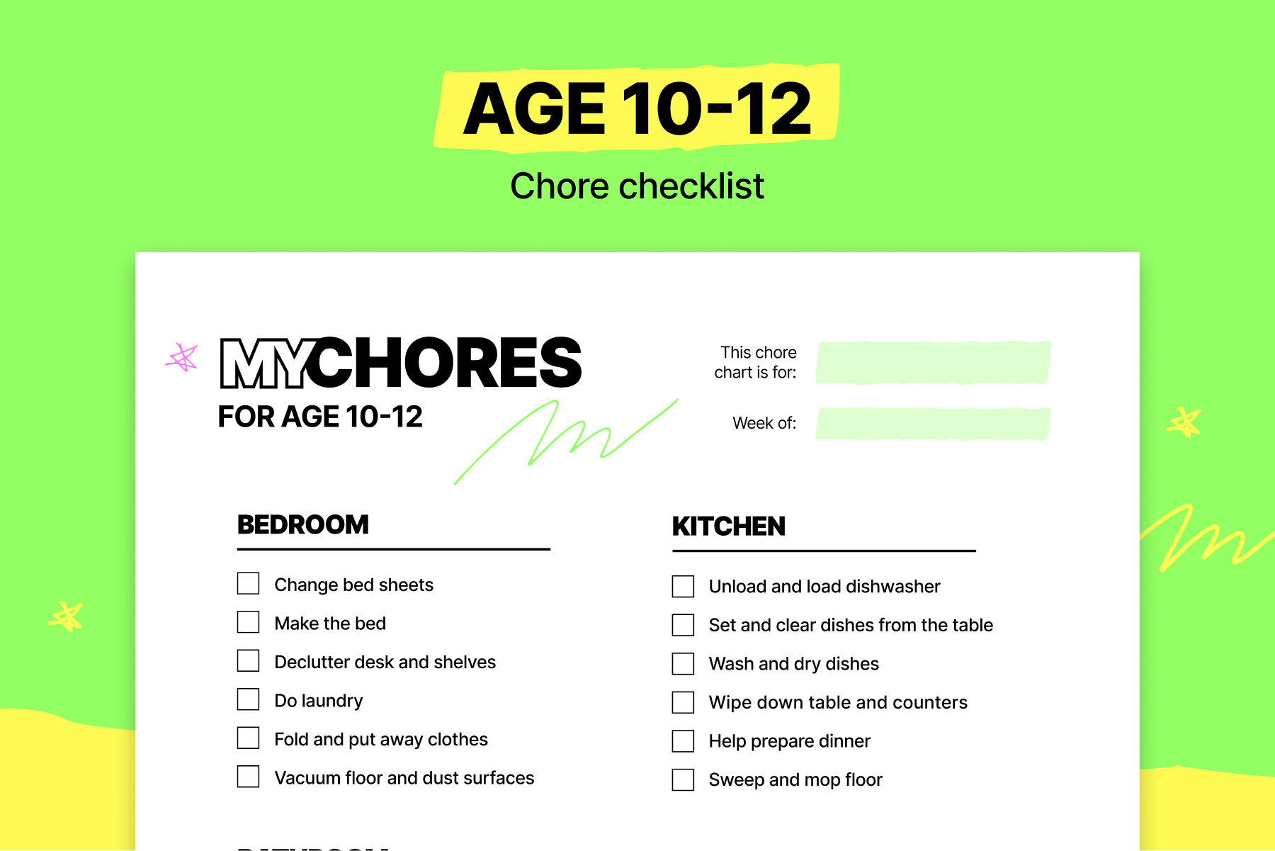 Chore checklist for kids ages 10, 11 and 12